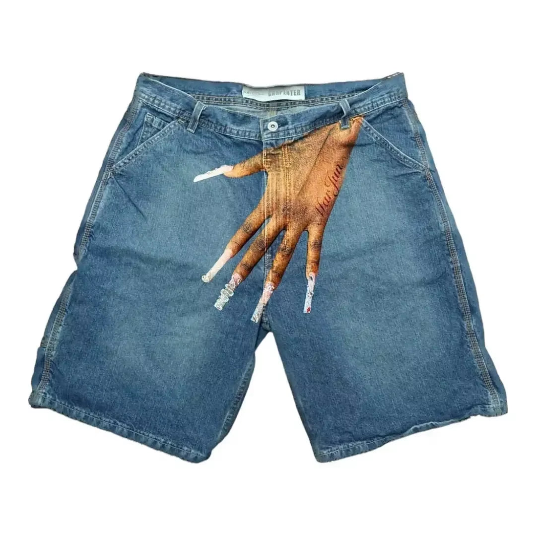 American Vintage Five Pants Summer Y2K Shorts Hand Palm Pattern Print Loose Hip Hop Men'S and Women'S Vintage Baggy Denim Shorts