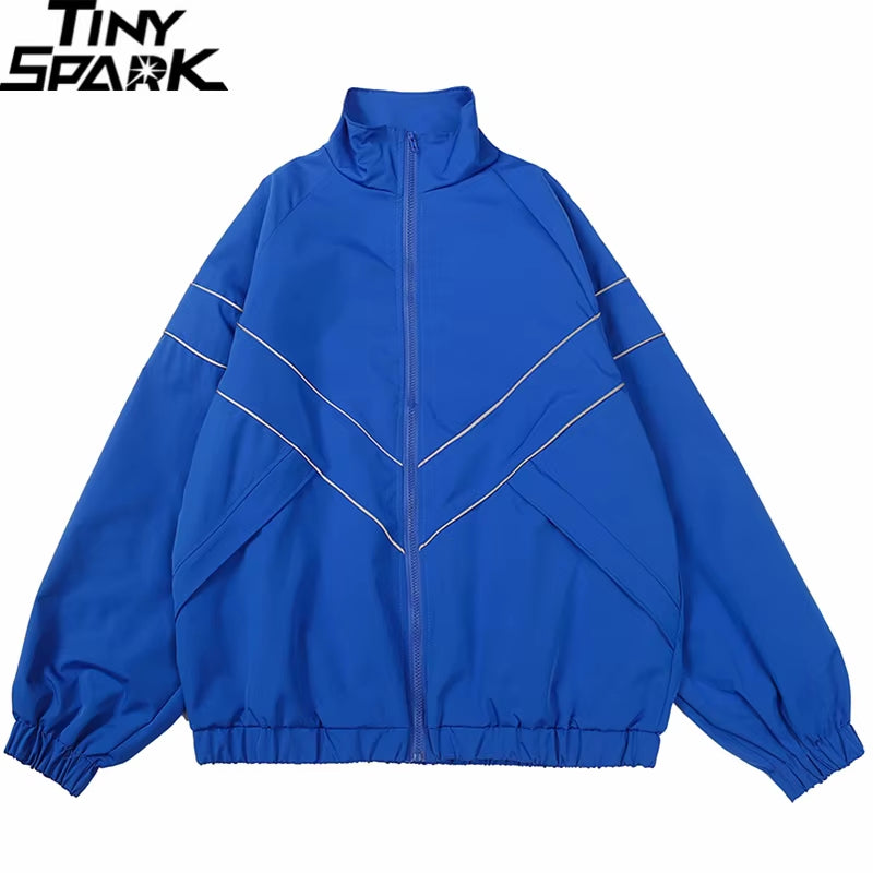 2024 Men Hip Hop Streetwear Reflective Striped Jacket Coat Zipper up Jacket Windbreaker Harajuku Thin Jacket Sports Black Blue