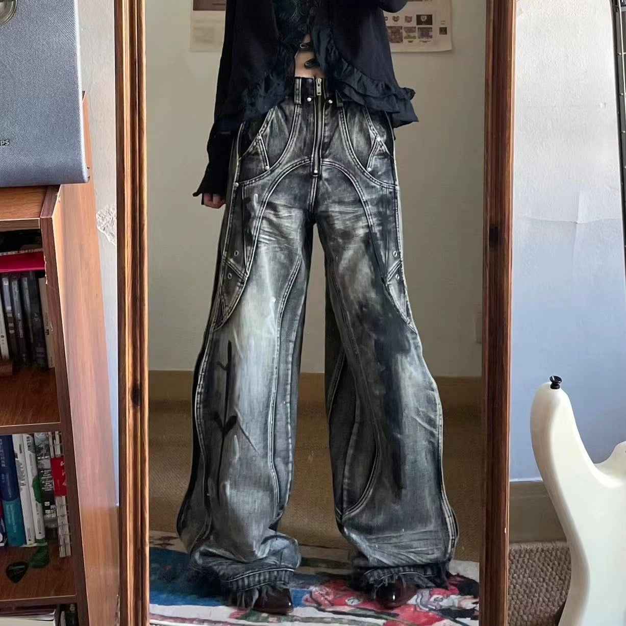 2023 New American Vintage Hip-Hop Washing Fashion Striped Graffiti Jeans Women'S Y2K Harajuku Punk Gothic Wide Pants Streetwear