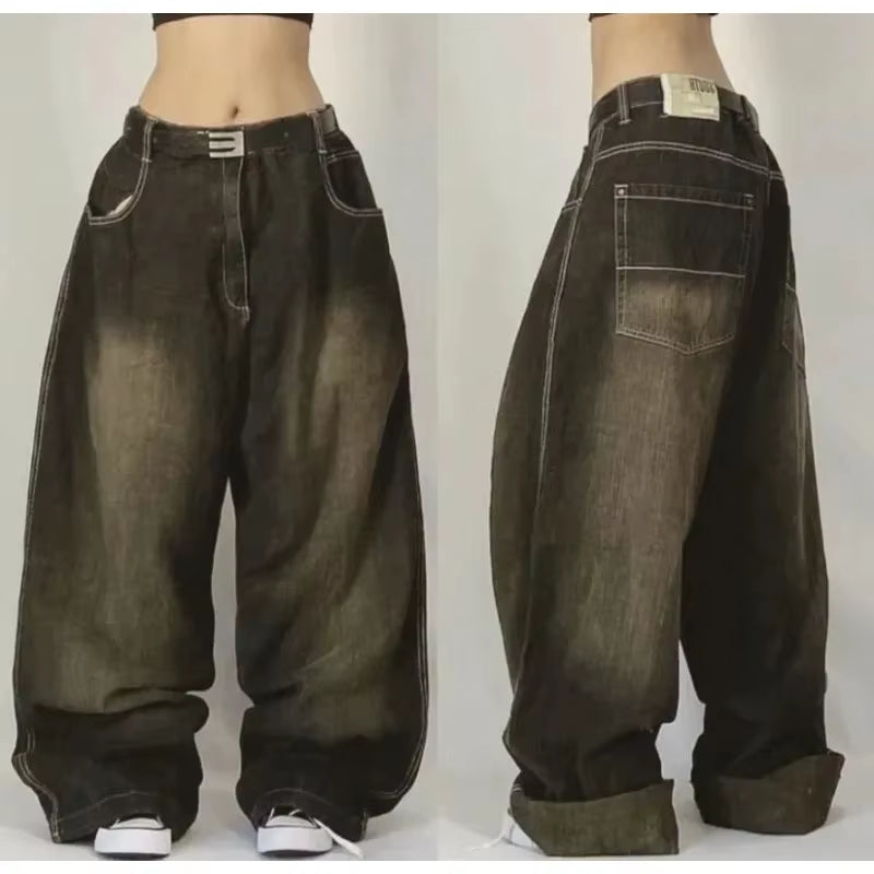 Y2K Harajuku Style New Fashion Yellow Washed Baggy Jeans Women Street Vintage Hip Hop Popular Casual High Waist Wide Leg Pants