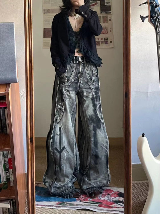 2023 New American Vintage Hip-Hop Washing Fashion Striped Graffiti Jeans Women'S Y2K Harajuku Punk Gothic Wide Pants Streetwear